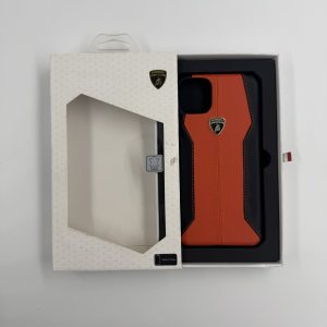 Coque Lamborghini Officielle iPhone 11 Pro Max - Cuir Orange Foncé et Noir - Blason Métal Premium