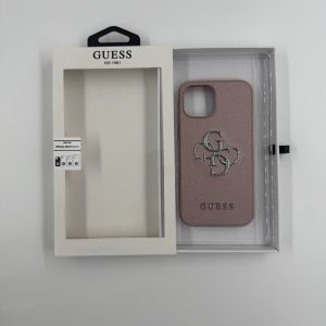 Coque Guess Effet Cuir Rose Logo 4G Argent – iPhone 13 Mini (5.4”)