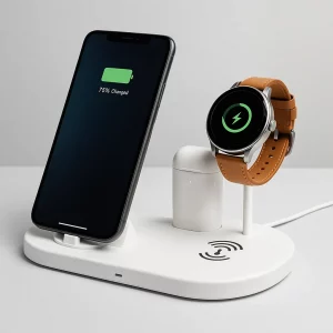 Base de recharge multifonction 3-en-1 blanche avec ports rotatifs pour smartphone, Apple Watch et AirPods.
