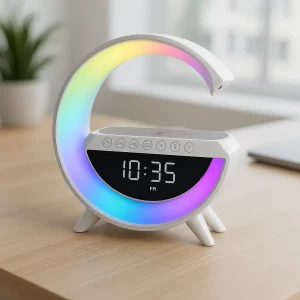 Enceinte Bluetooth BT-3401 à éclairage LED circulaire avec écran d’horloge intégré