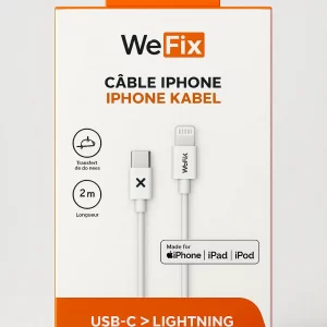 Face avant de la boîte du câble iPhone WeFix USB-C vers Lightning de 2 mètres, compatible iPhone, iPad et iPod.