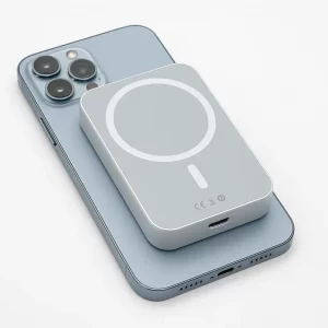 Batterie externe magnétique compatible MagSafe, coloris blanc, design inspiré d’Apple, avec charge sans fil.