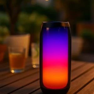 Enceinte Bluetooth PLUSE4 posée sur une belle table illustrant les options de couleurs LED.