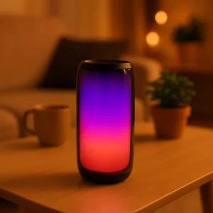 nceinte sans fil PLUSE5 affichant un dégradé lumineux violet et rose, design cylindrique moderne.