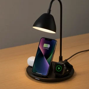 Vue avant du chargeur sans fil Andowl Q-CD506 avec support téléphone, lampe et charge sans fil rapide 20W.