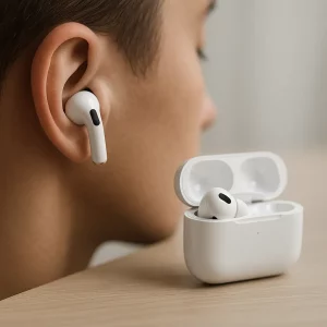 Écouteurs Bluetooth K'Pods Pro 2 blancs avec embouts interchangeables et boîtier de charge.
