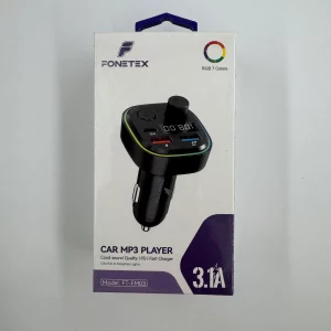 Transmetteur FM Bluetooth FONETEX FT-FM03 avec ports USB et affichage LED RGB 7 couleurs.
