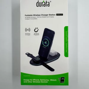 Boîte du chargeur sans fil pliable Durata DRWC43 compatible iPhone, Samsung, Apple Watch et AirPods.